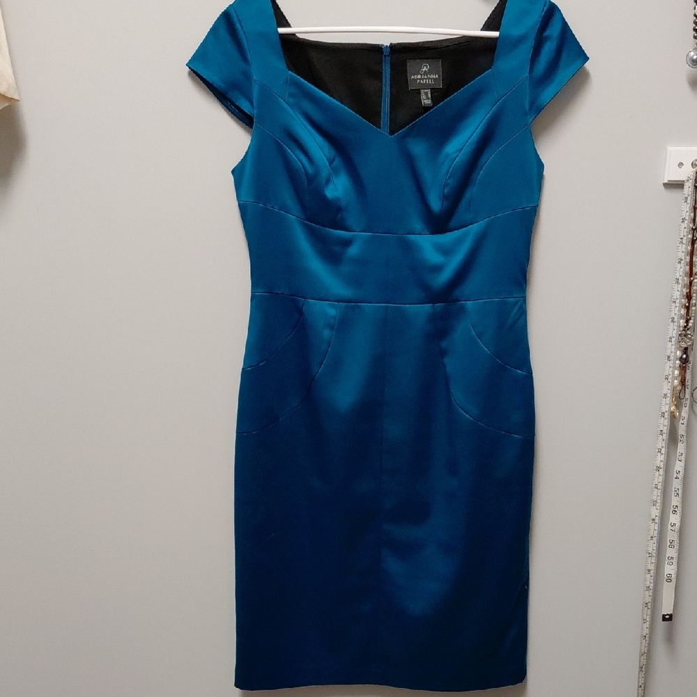 Adrianna Papell Blue Satin Wedding Guest Dress, Size 6